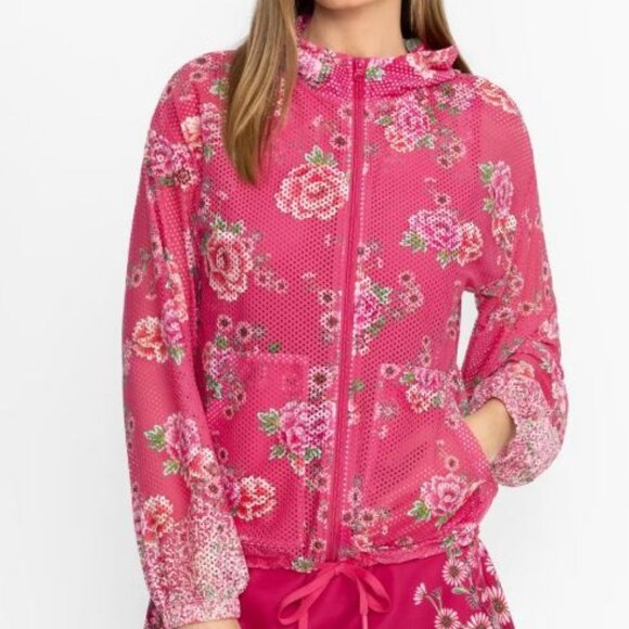 NWT Johnny Was JW Active Hooded Bee Patch Pocket Mesh Jacket Pink Lace Zip Up